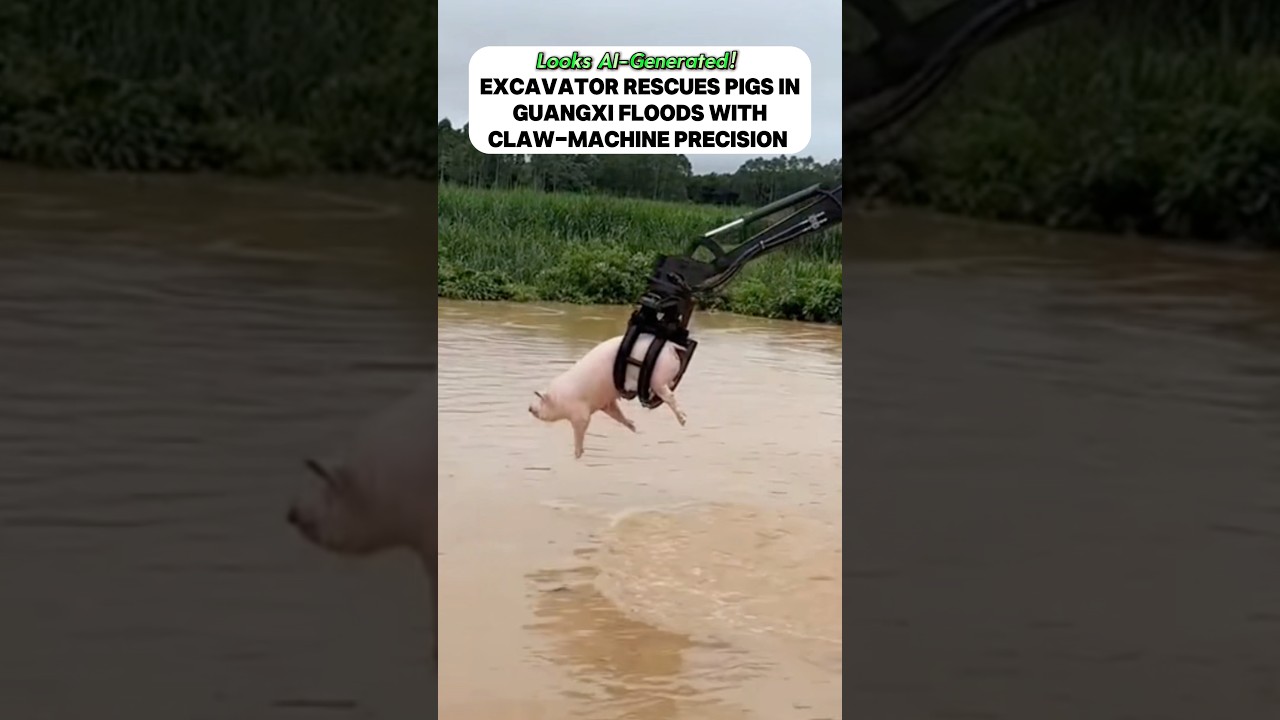 Excavator rescues pigs in #guangxi  floods with claw-machine precision#flood #china #fyp