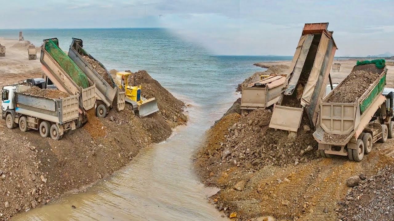 Launching a project to dump soil and rocks into the sea Komatsu D58p Dozer Pushing Soil Stone Fillin