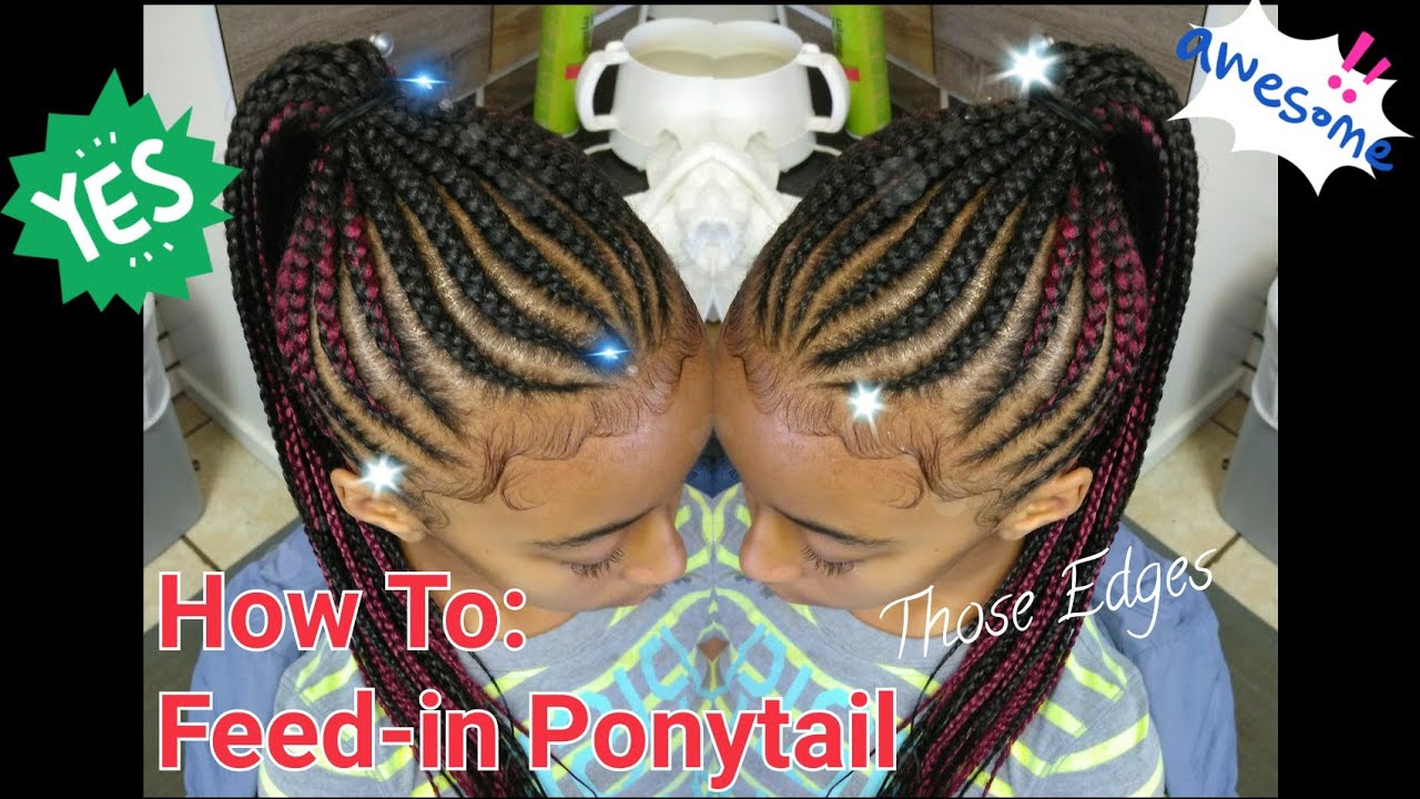 #5. How to: FEED-IN GENIE PONYTAIL with a dab of red & swirled edges. Cornrow Ponytail.