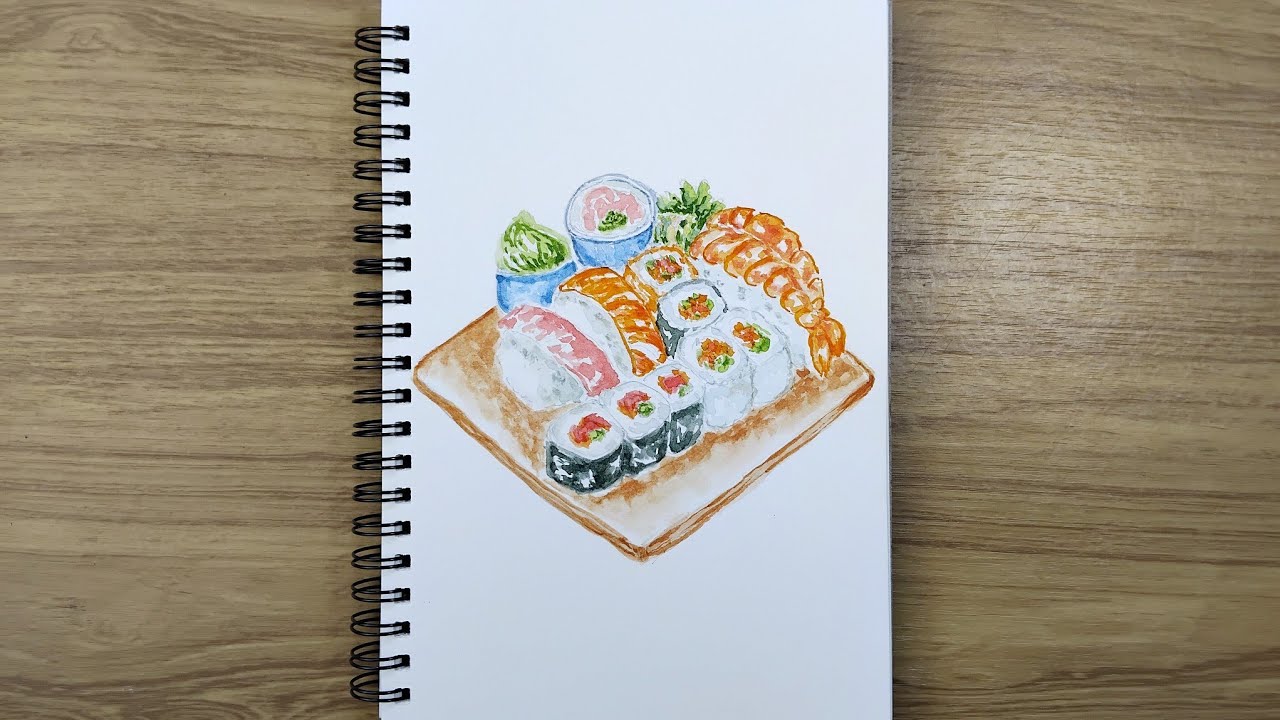 Easy to paint sushi with watercolor on paper | simple food painting 
