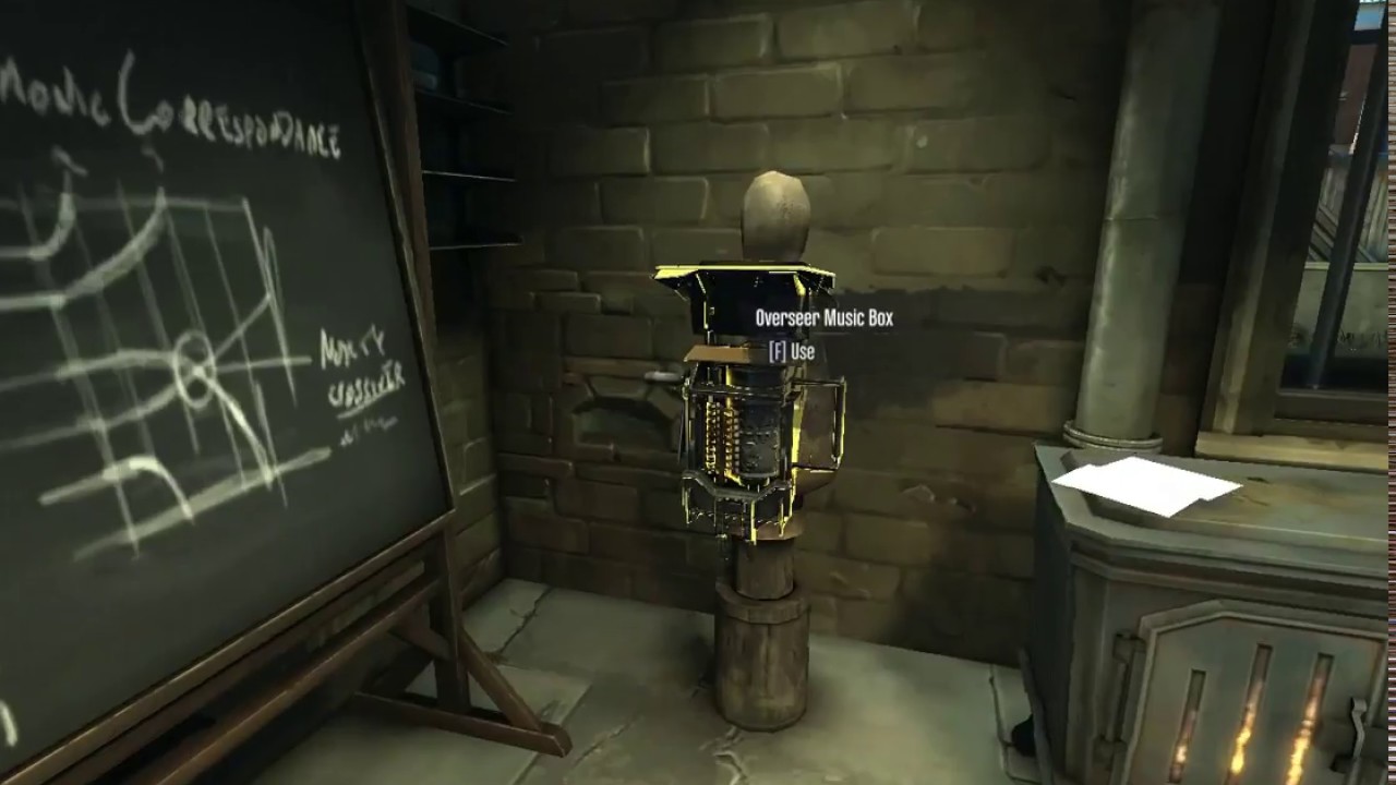 Dishonored Music Box at High Overseer Campbell mission, playing, voice recording and letter.