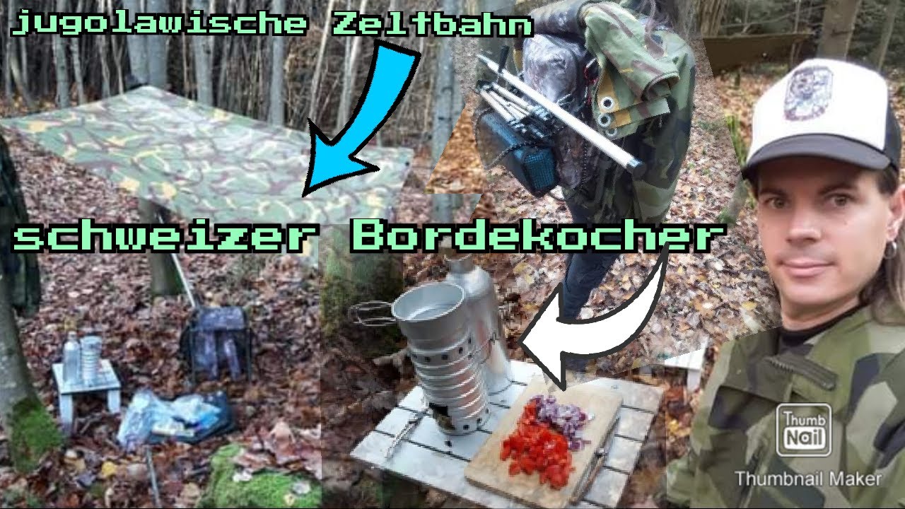 Asia Nudeln mit schweizer Borde Kocher im Wald,schwedischer Splittertarn,kroatische Zeltbahn