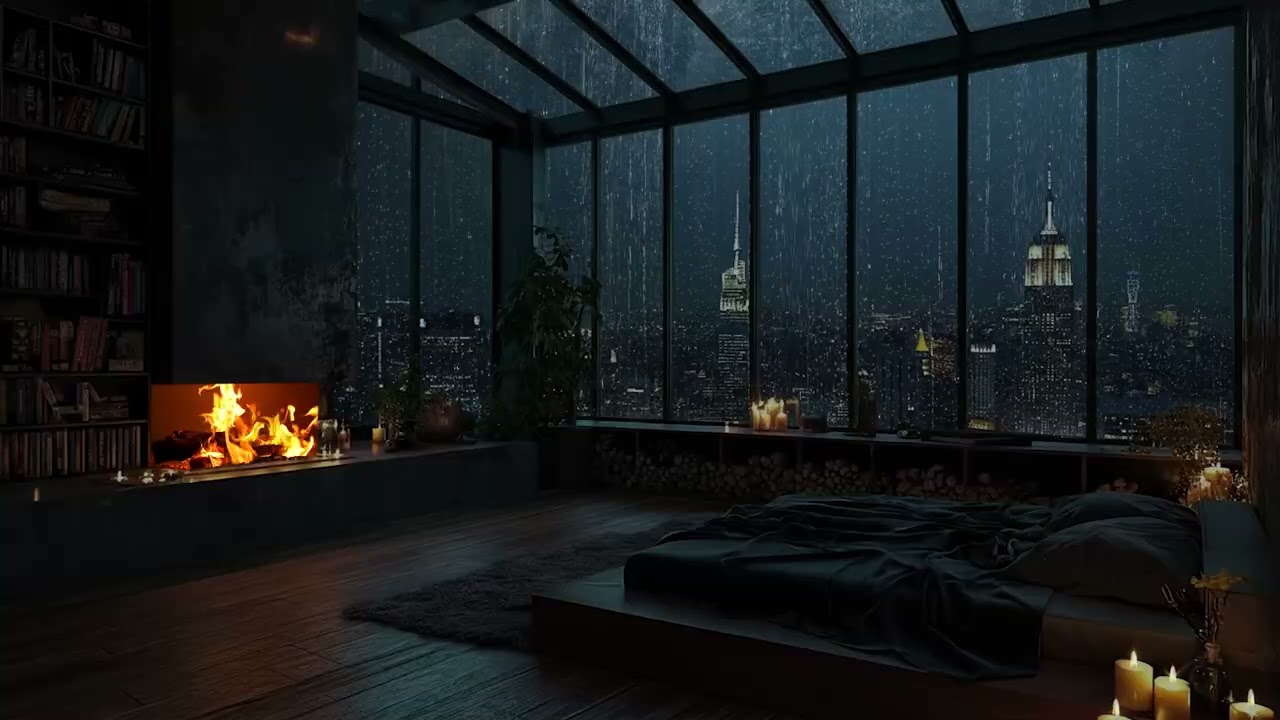 Luxury Rain Ambience 🌧️ Cozy Paris Penthouse Fireplace | Deep Sleep & Relaxation (3 Hours)