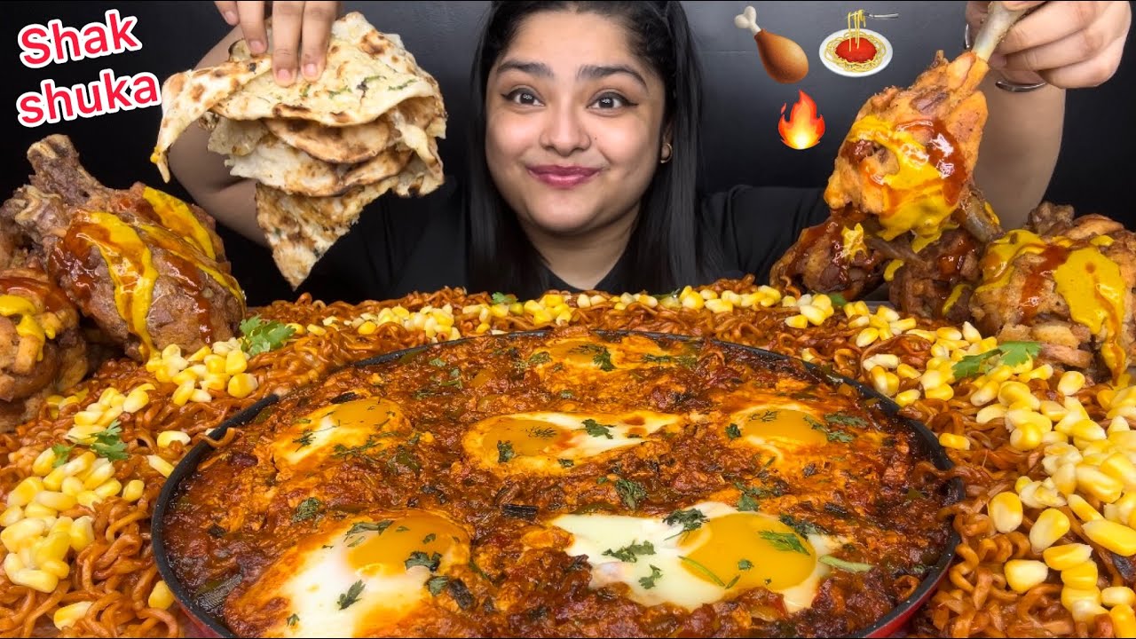 CHEESY EGG SHAKSHUKA,SAMYANG KIMCHI NOODLES WITH CHEESE AND CORN,CRISPY FRIED CHICKEN & NAAN |EATING