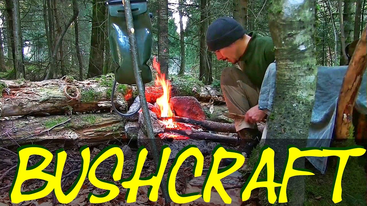 Bushcraft Doku - Übernachtung im Camp, Herstellung von Gegenständen aus Rinde und Kochen im Wald