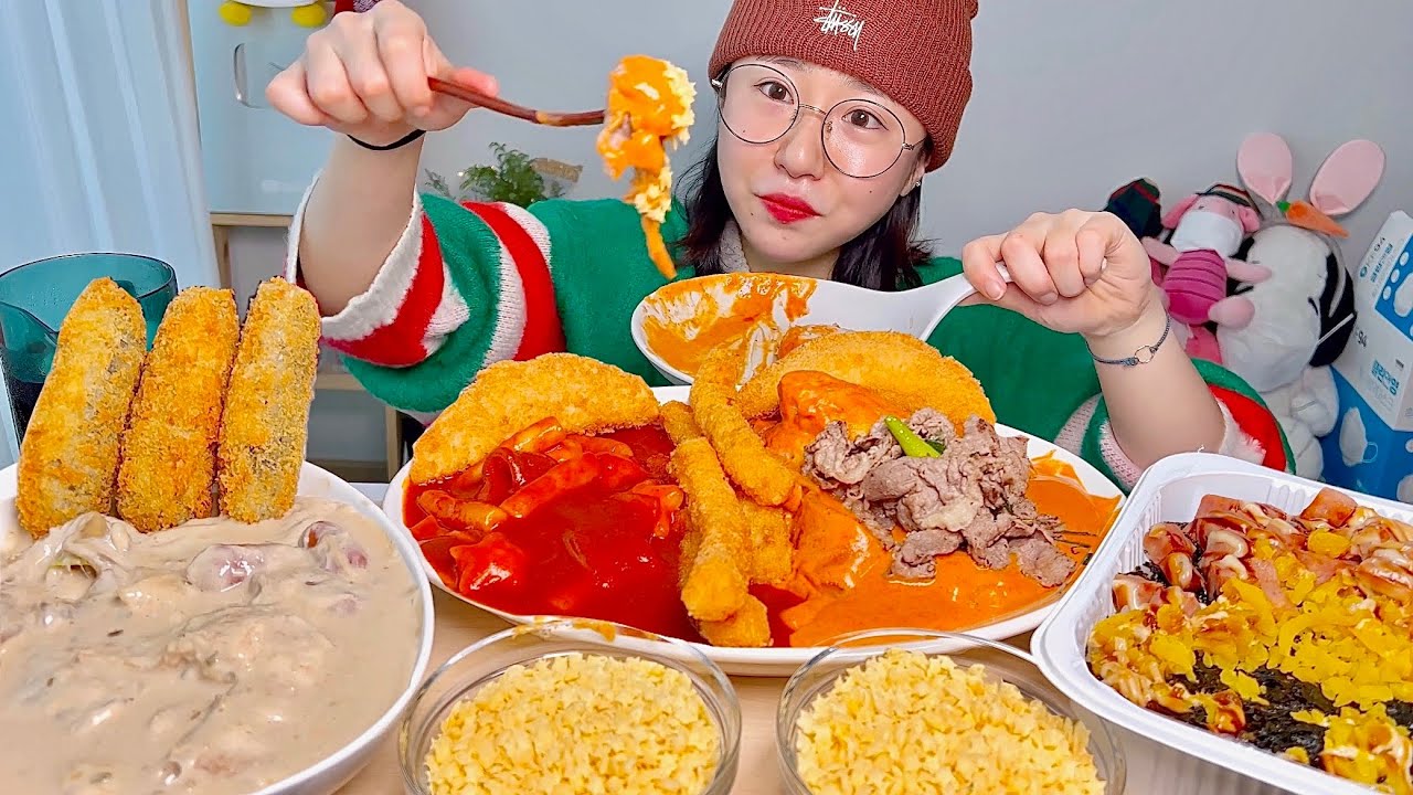 스텔라떡볶이 로제 궁중 차돌 떡볶이 별가루 튀김 스팸 마요 비벼밥 분식 먹방 Mukbang