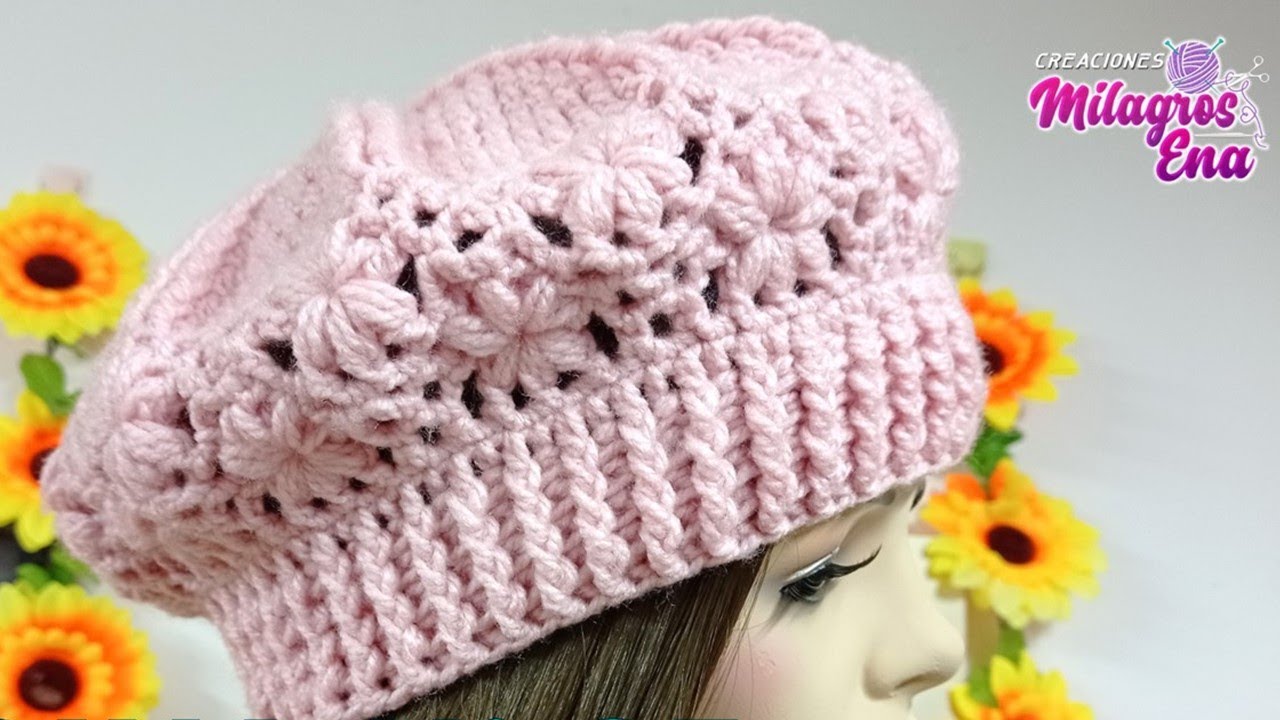 Como tejer la Boina N° 35 a crochet o ganchillo para niñas y mujer en punto flores jazmín y relieves