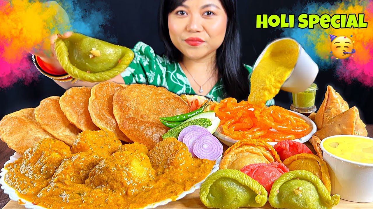 EATING DUM ALOO | PURI | JALEBI & RABDI | GUJIYA |HOLI SPECIAL 🎉| MUKBANG ASMR | BIG BITES