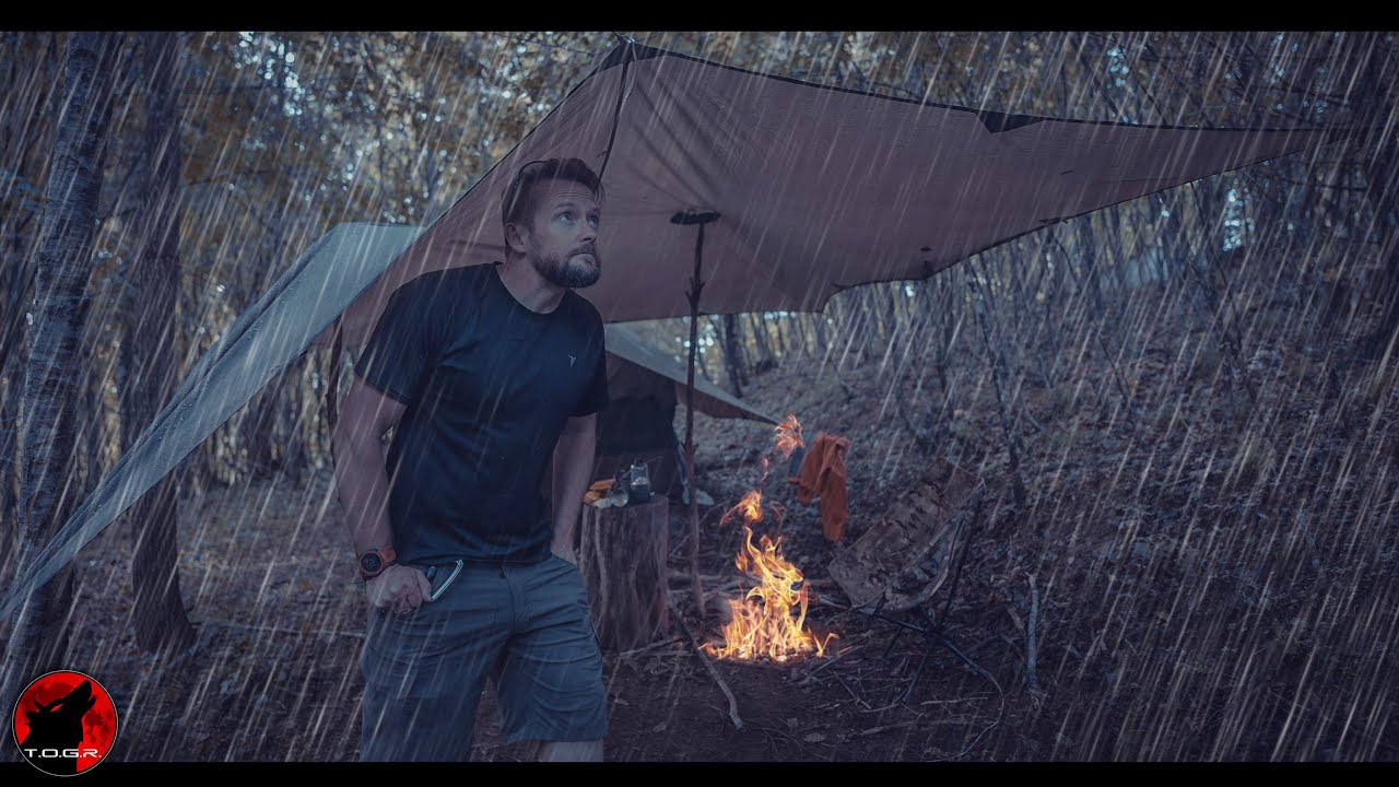 Violent Storm - Tarp Camping in Heavy Rain and Strong Winds - Overnight Adventure
