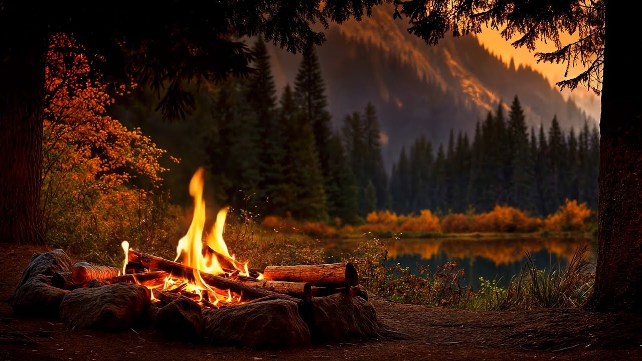 Cozy Fall Vibes with Lakeside Campfire  🍁 Autumn Forest Fireplace, Water & Birds Sounds 🍂