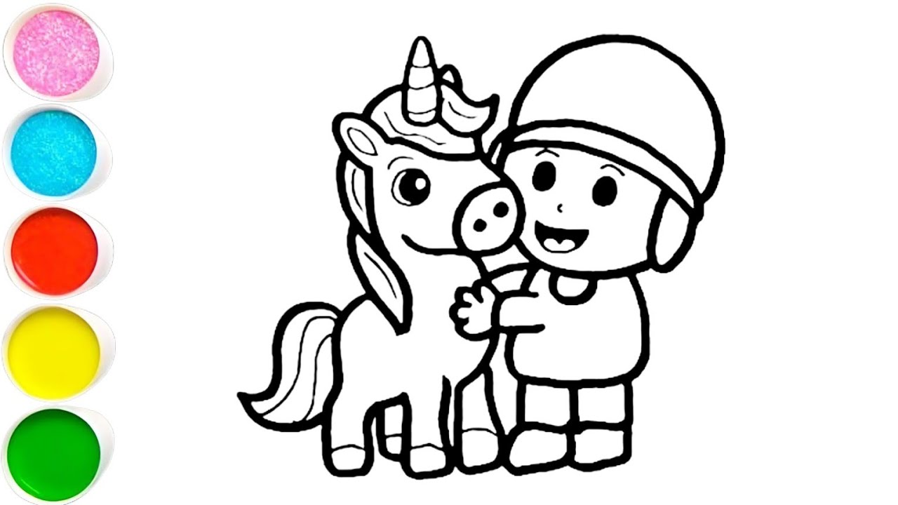 Cute pocoyo with unicorn 🦄 drawing painting and colouring for kids and toddlers 