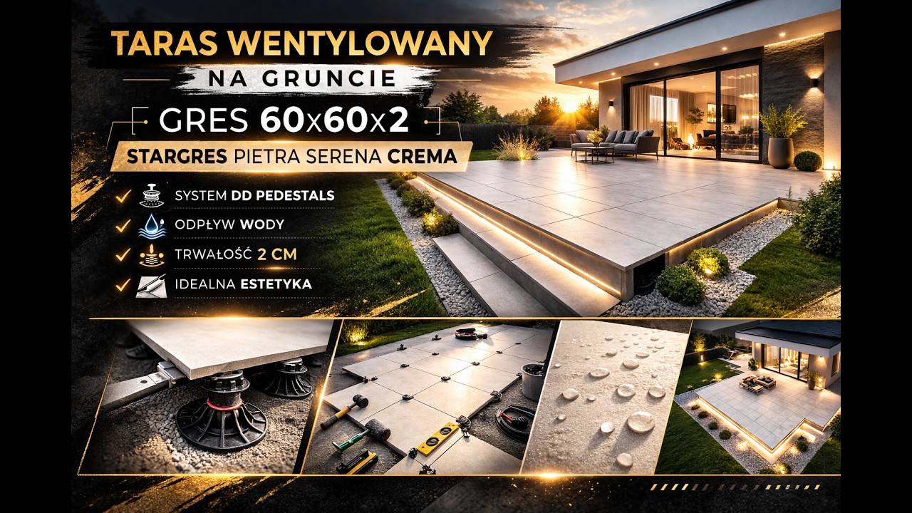 Taras wentylowany na gruncie – Gres 60x60x2 STARGRES Pietra Serena Crema