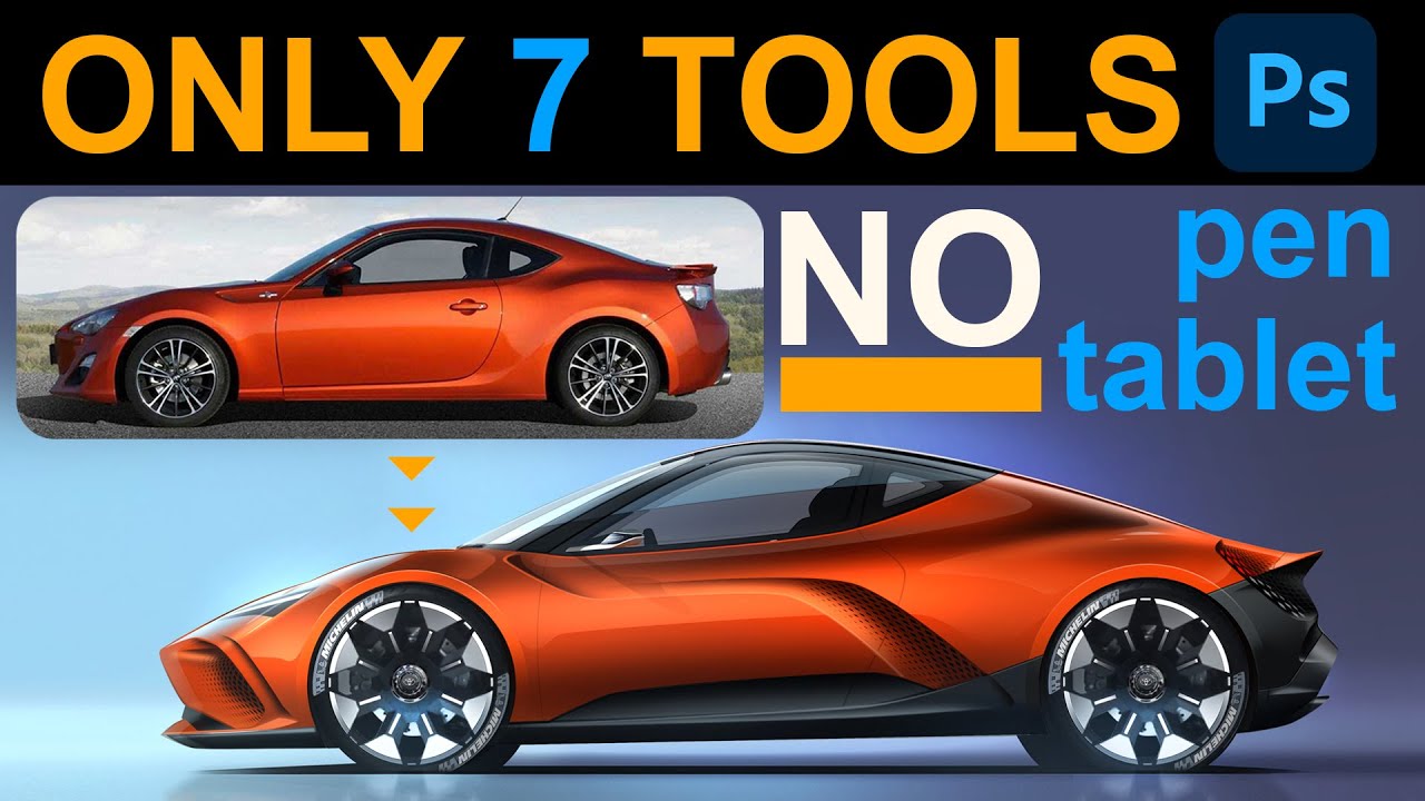Toyota GT86 Mid-Engine Transformation in Photoshop with only 7 tools. No pen tablet.