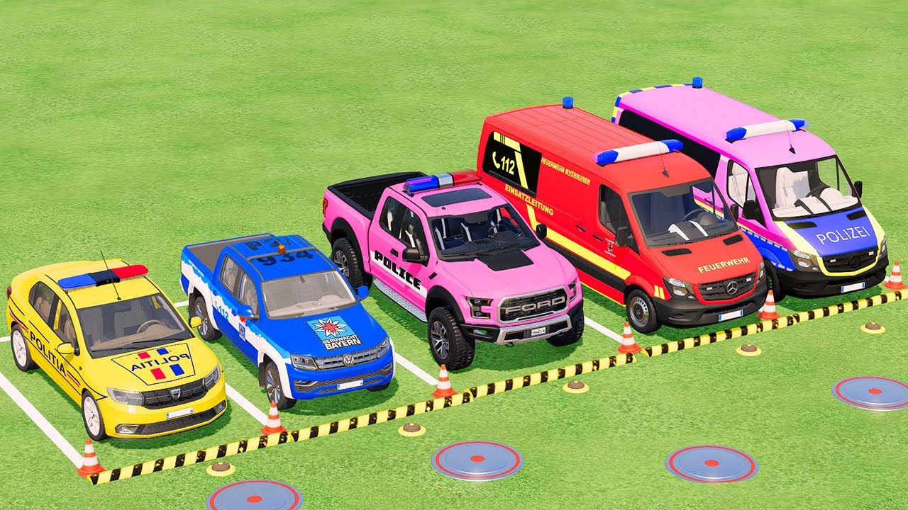 POLICE CARS, FIRE DEPARTMENT, AMBULANCE EMERGENCY VEHICLES TRANSPORTING WITH SCANIA TRUCKS ! FS22