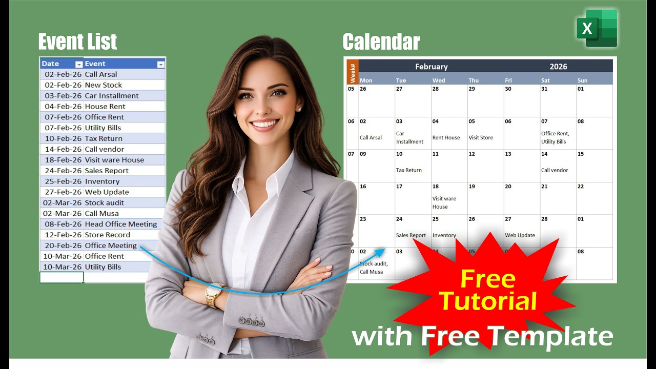 How to Create a Dynamic Calendar 2026 in Excel  with Automatic Events & Week Numbers.