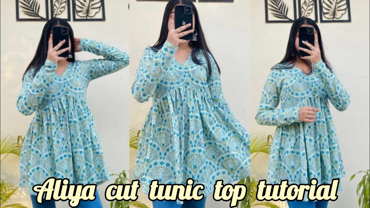 Alia Cut Tunic Top Cutting and Stitching|Short Style Kurti|Short Aliya Cut Frock|Full Sleeve Design💙