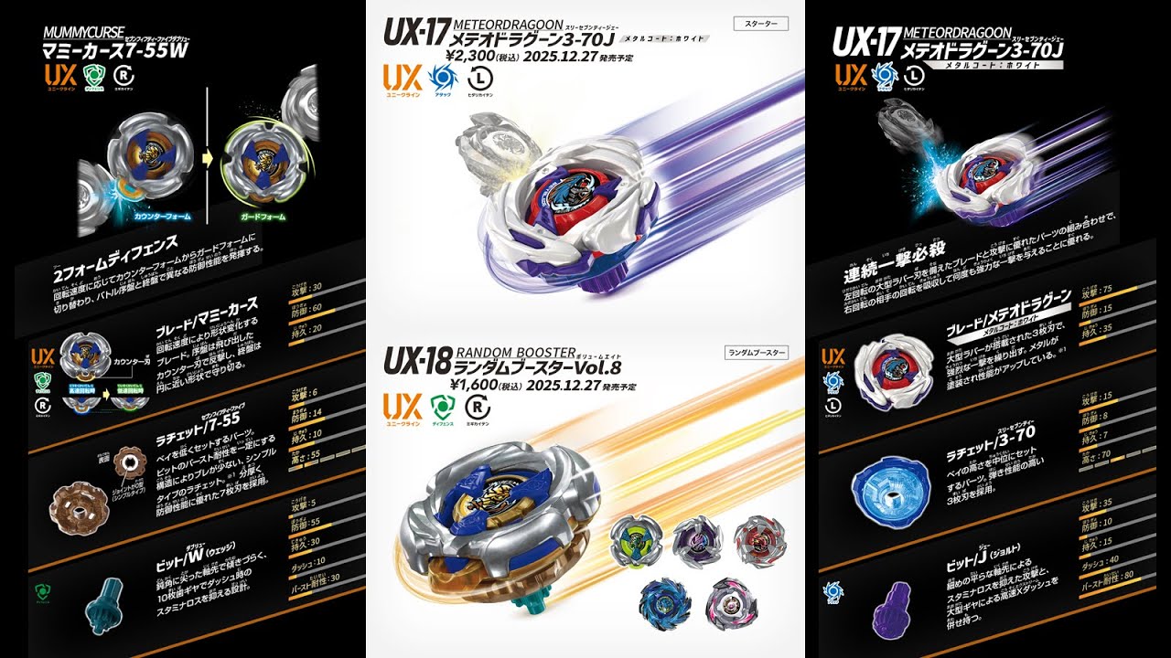 Beyblade X Battle Test - UX-17 Starter Meteor Dragoon 3-70J & UX-18 Random Booster Mummy Curse 7-55W