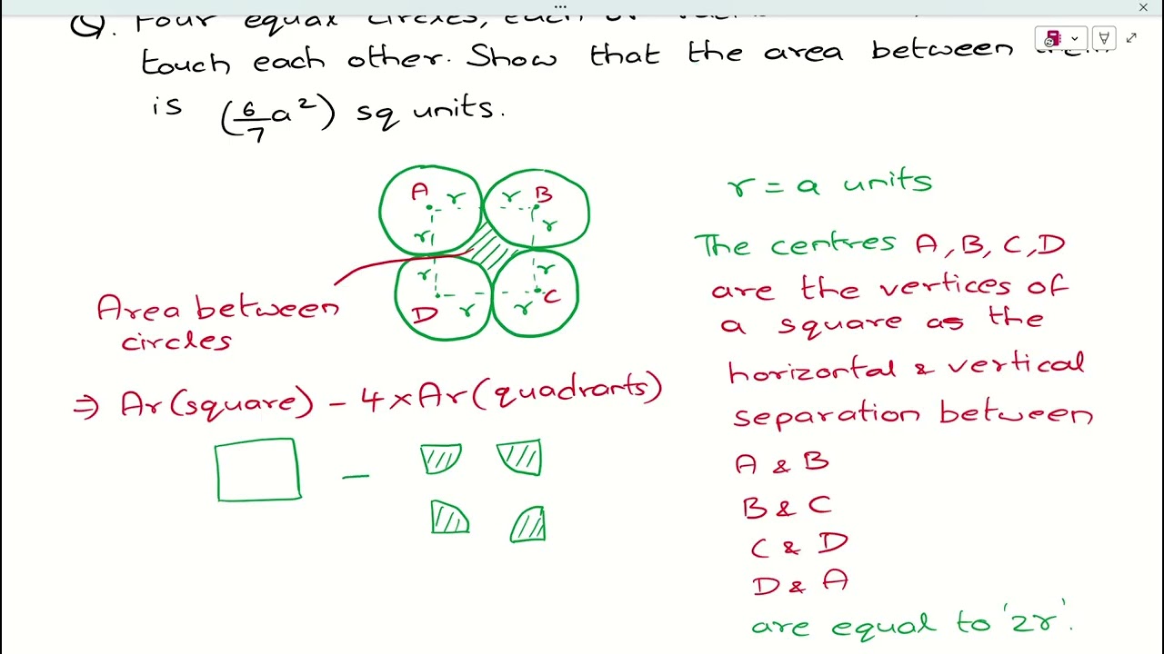 RSA G10TH EX16A Q38.4 eq circles, radius a units, touch each other. Show area btw is (6a²)/7 sq unit