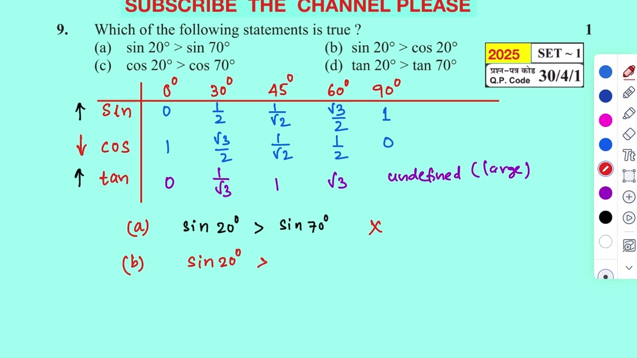 Which of the following statements is true?(a) sin 20°  sin 70°(b) sin 20°  cos 20°(c) cos 20° 
