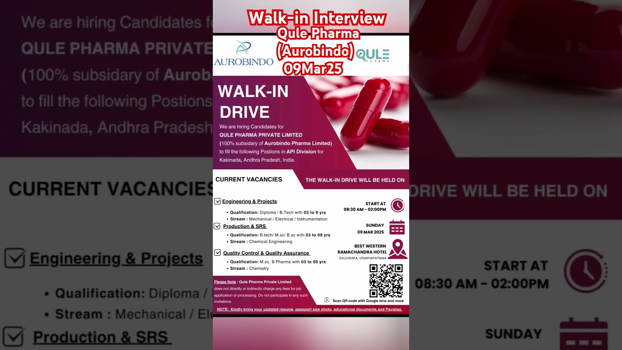 Walk-in Interview I Qule Pharma (Aurobindo) | 090325 #job #pharma