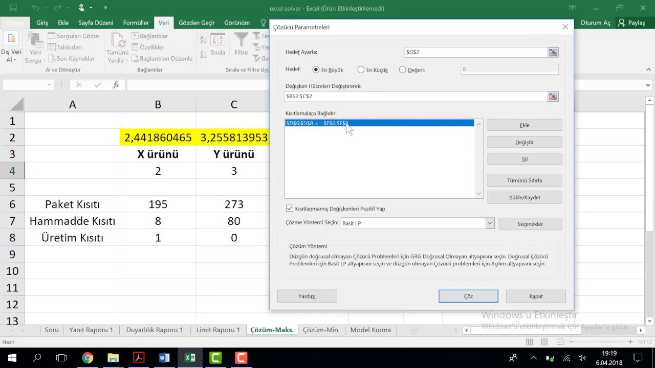 Excel Solver (Çözücü) ile Doğrusal Programlama Problemlerinin Çözülmesi-2