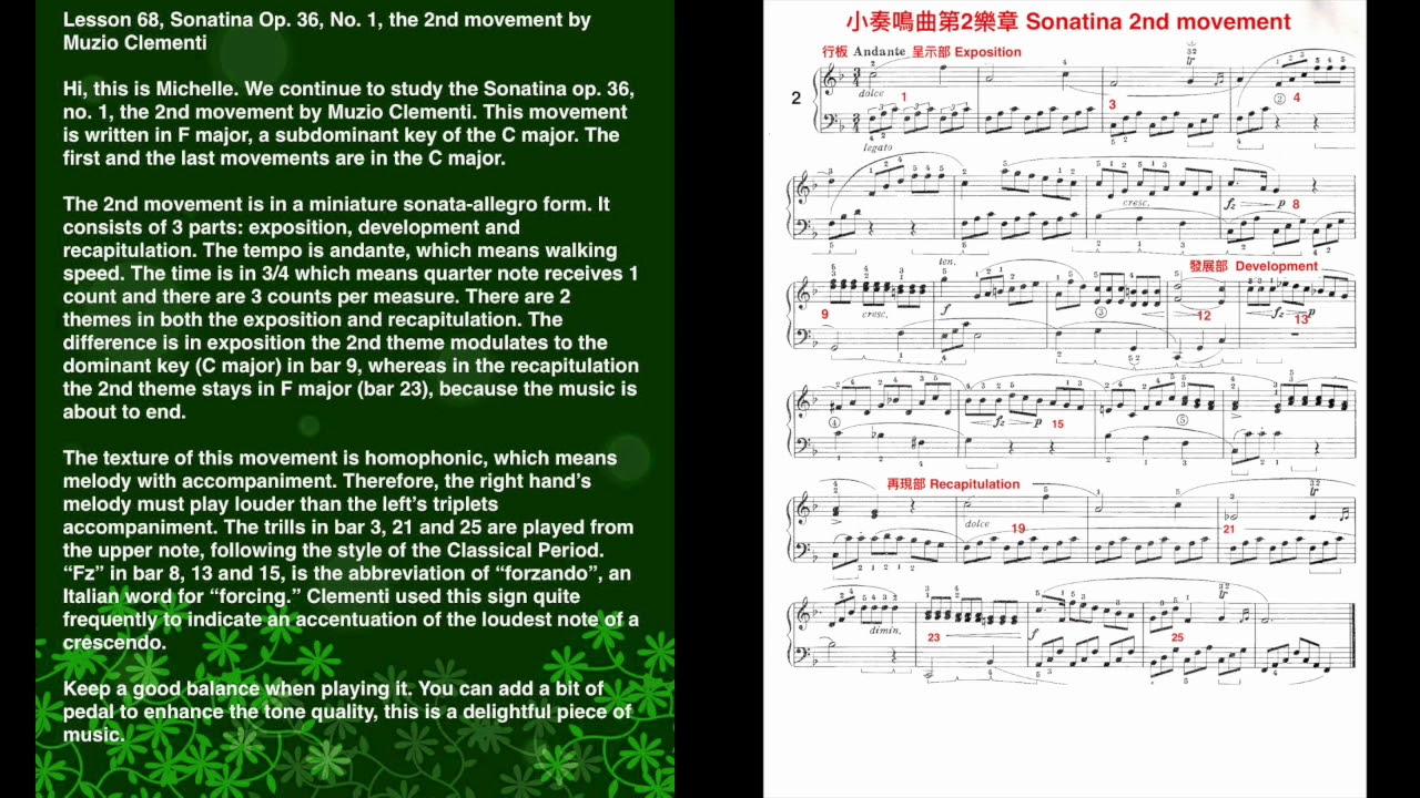 Free Piano Lesson (68), Sonatina Op. 36, No.1, 2nd by Clementi, Michelle Lin Piano Studio Presents