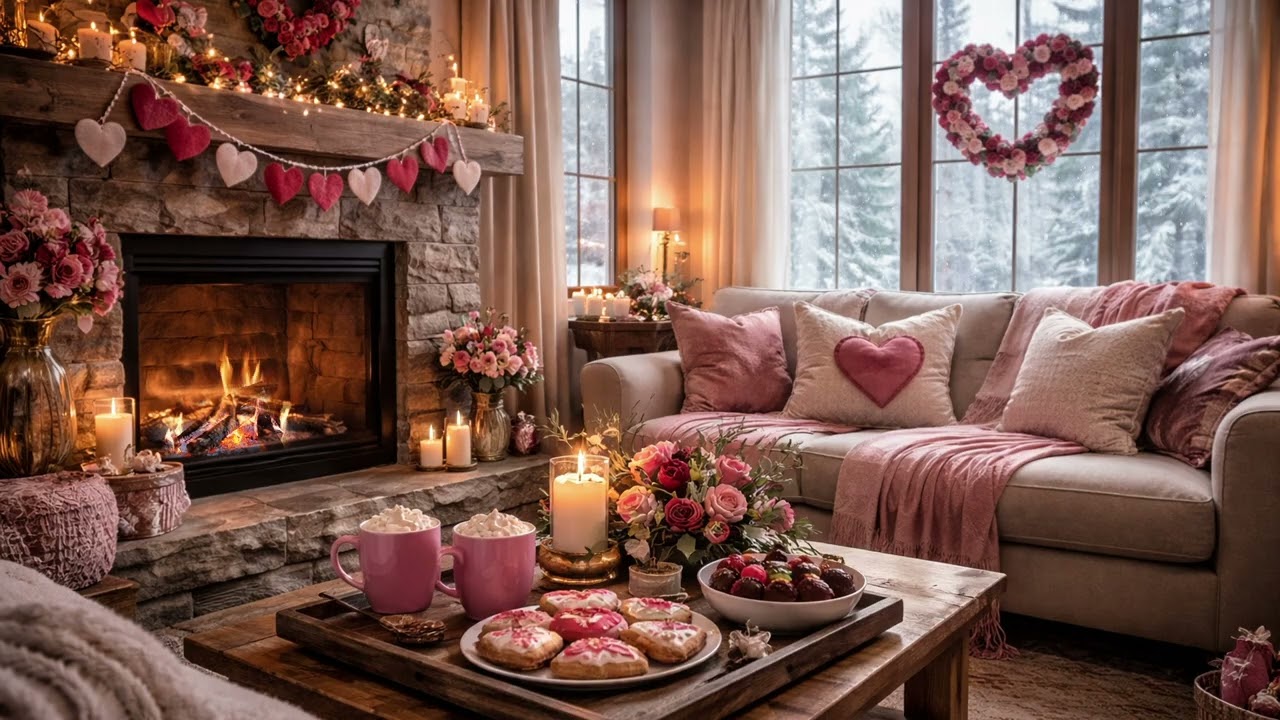 Cozy Valentine’s Ambience ❤️❄️ Gentle Snowfall, Crackling Fireplace & Lofi Music
