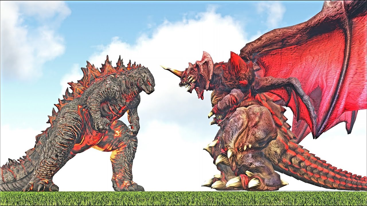 LEGENDARY TITANUS GODZILLA BURNING VS TITANUS DESTROYAH LVL 1.200 (ARK SURVIVAL EVOLVED BATTLE)