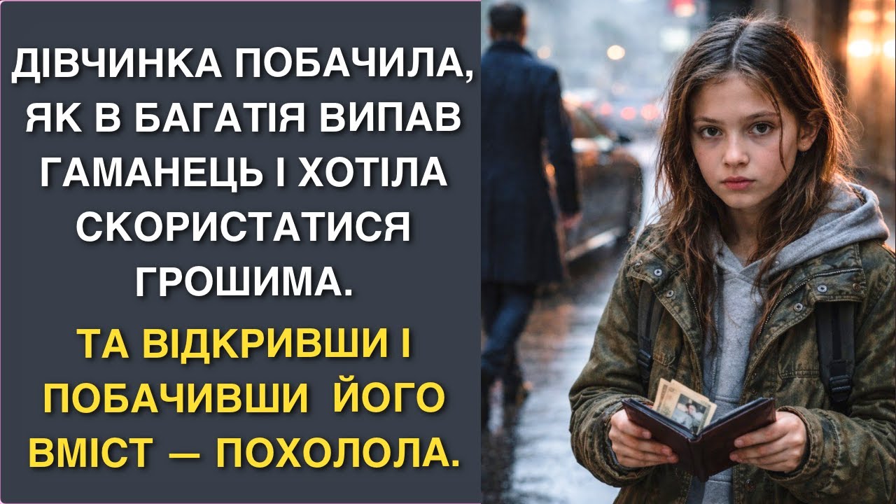 Дівчинка побачила, як в багатія випав гаманець і хотіла скористатися грошима. Та відкривши і побачив