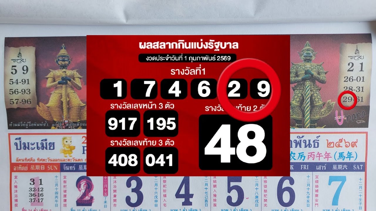 เลขปฏิทินนำโชค 16กุมภาพันธ์2569
