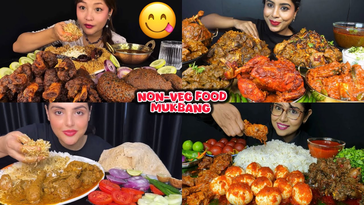 ASMR : eating Mutton Curry, whole Chicken Curry🤤😋,Egg Curry, Mutton Biryani, Fish Curry, Rice, Raita