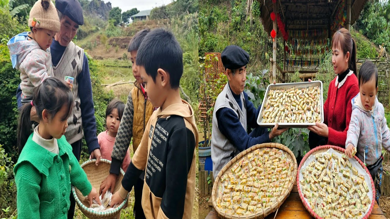 Process of making candy from many delicious nuts to sell - Having fun with children in the village.