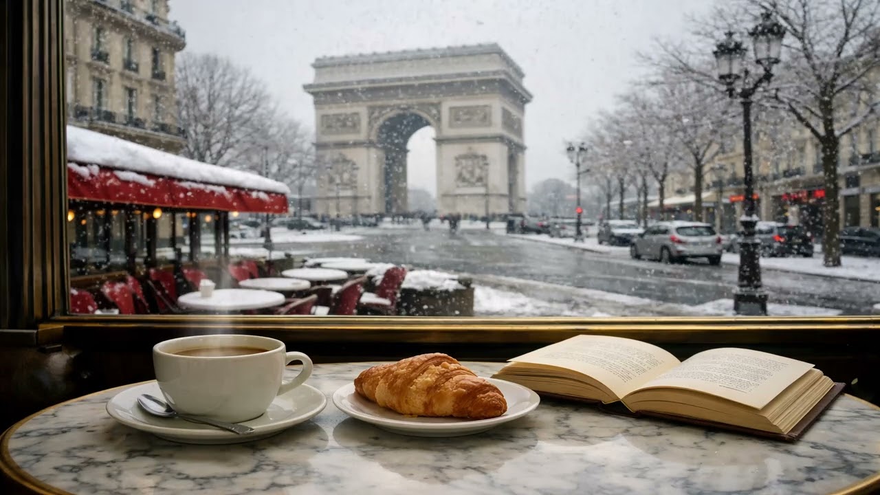Paris Winter Café Ambience ☕ Snowfall by the Arc de Triomphe | Cozy Jazz 4K