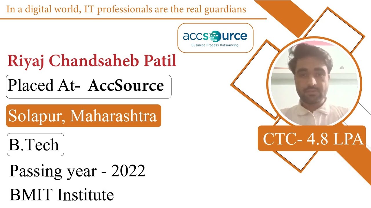 Congrat, Riyaj Chandsaheb Patil |Selected in AccSource| 4.8LPA |B.tech,PoY 2022|Solapur,Maharashtra.
