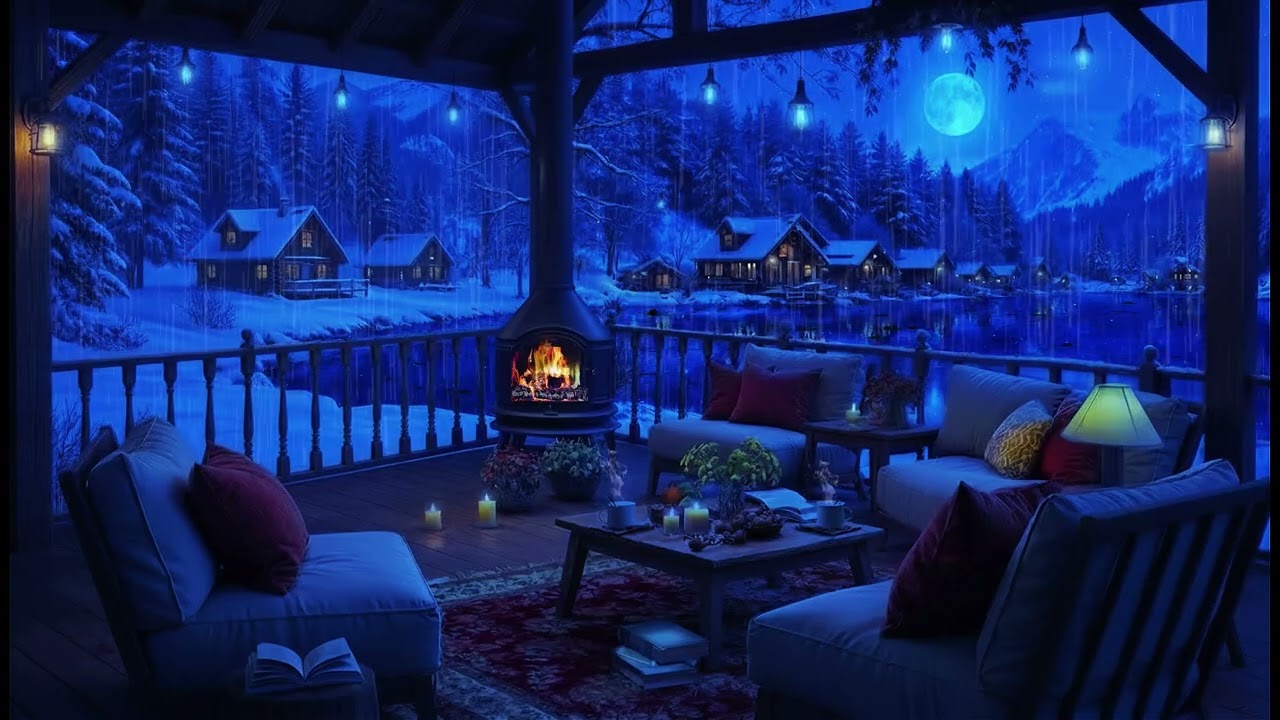 Instant Sleep on a Rainy Winter Lake Deck 🌧️ Rain Sounds & Soft Piano | Cozy Snowy Village Ambience