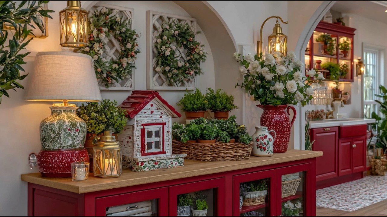 Romantic Rustic Red Small Space Cottage Kitchen Tour 2026 | Elegant Cozy Shabby Chic Home Decor