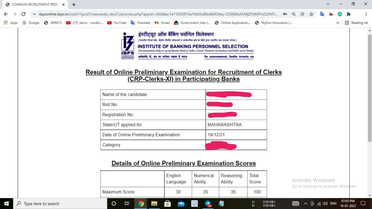 My IBPS Clerk Pre 2021 Score Card