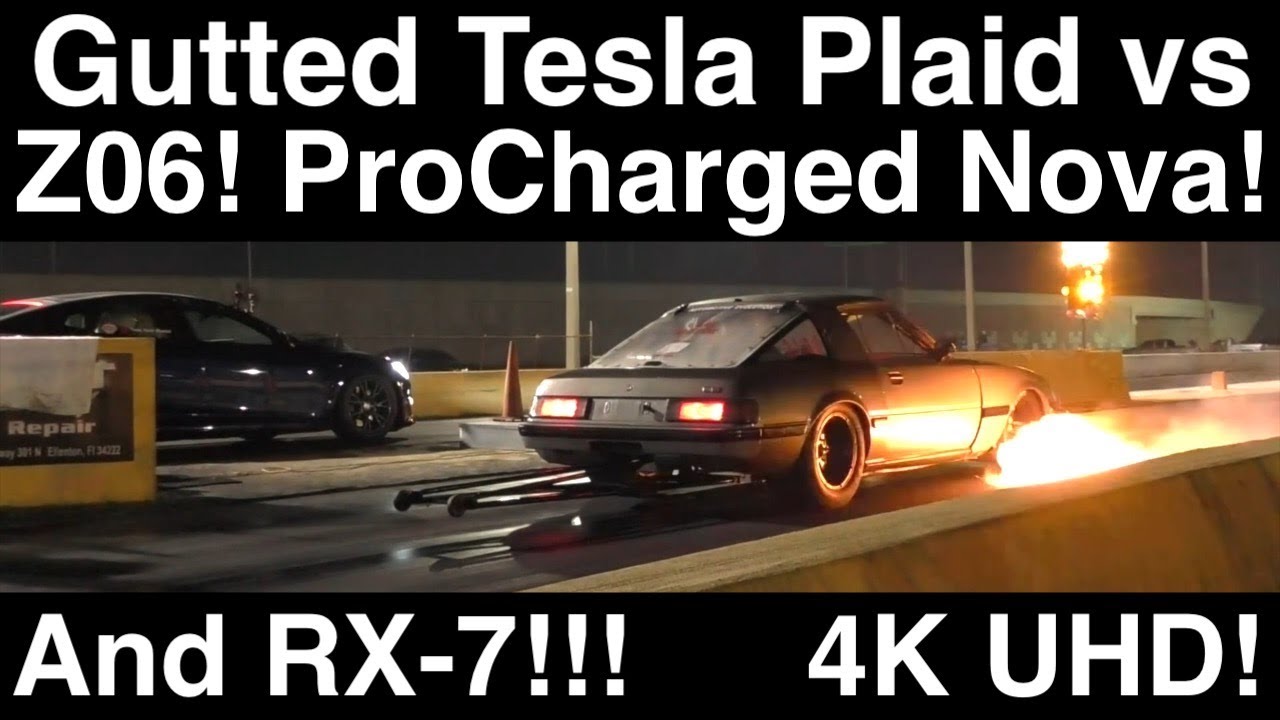 Flame-Spitting RX-7 vs Gutted Tesla Plaid! Z06 C7 ‘Vette! ProCharged Nova! 4 Drag Races in 4K UHD!