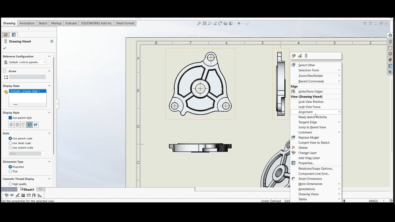Solidworks Drawing _3# Model View | Projection View | View Palette | Alignment