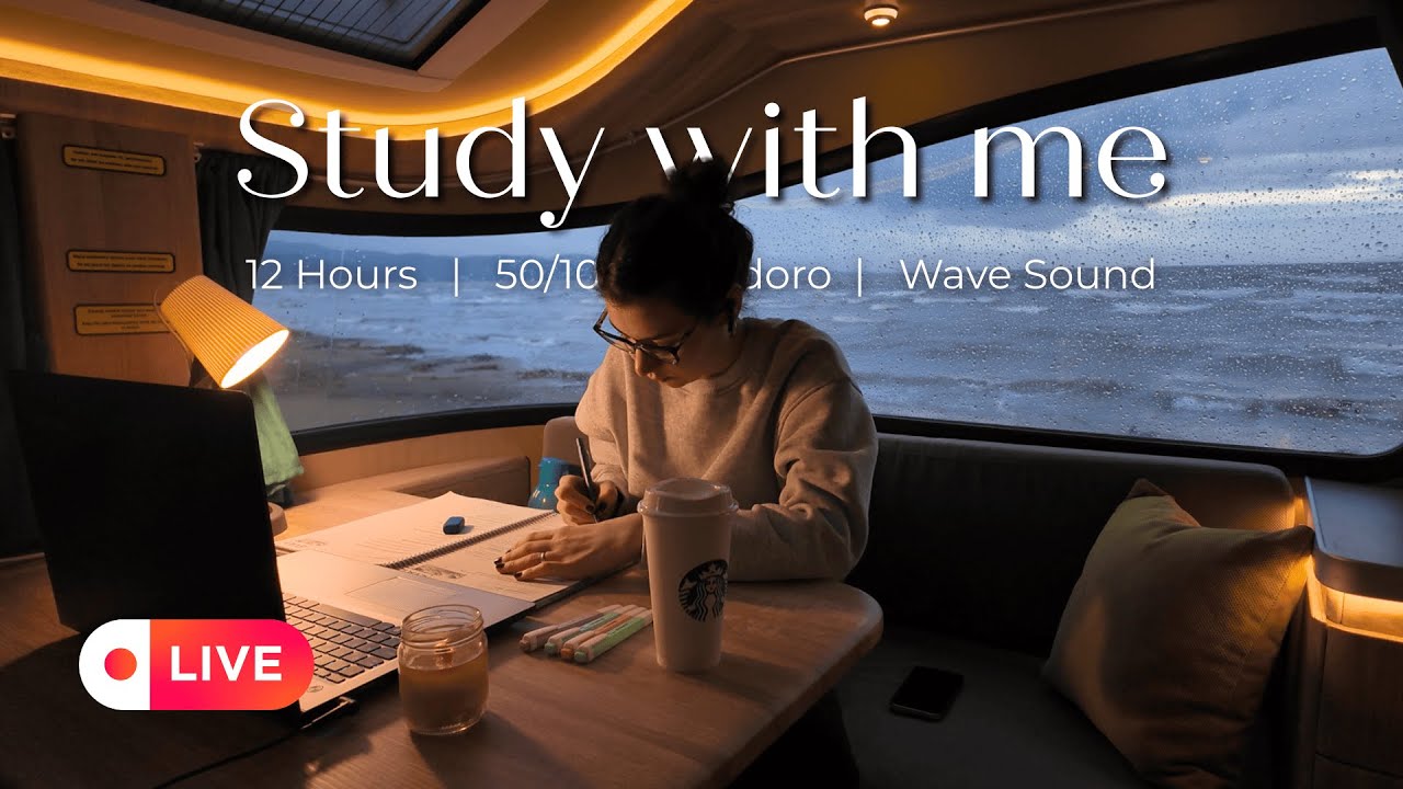 LIVE | 12 HOURS STUDY WITH ME🕯️Late Night Study |Wave Sound (No Music)