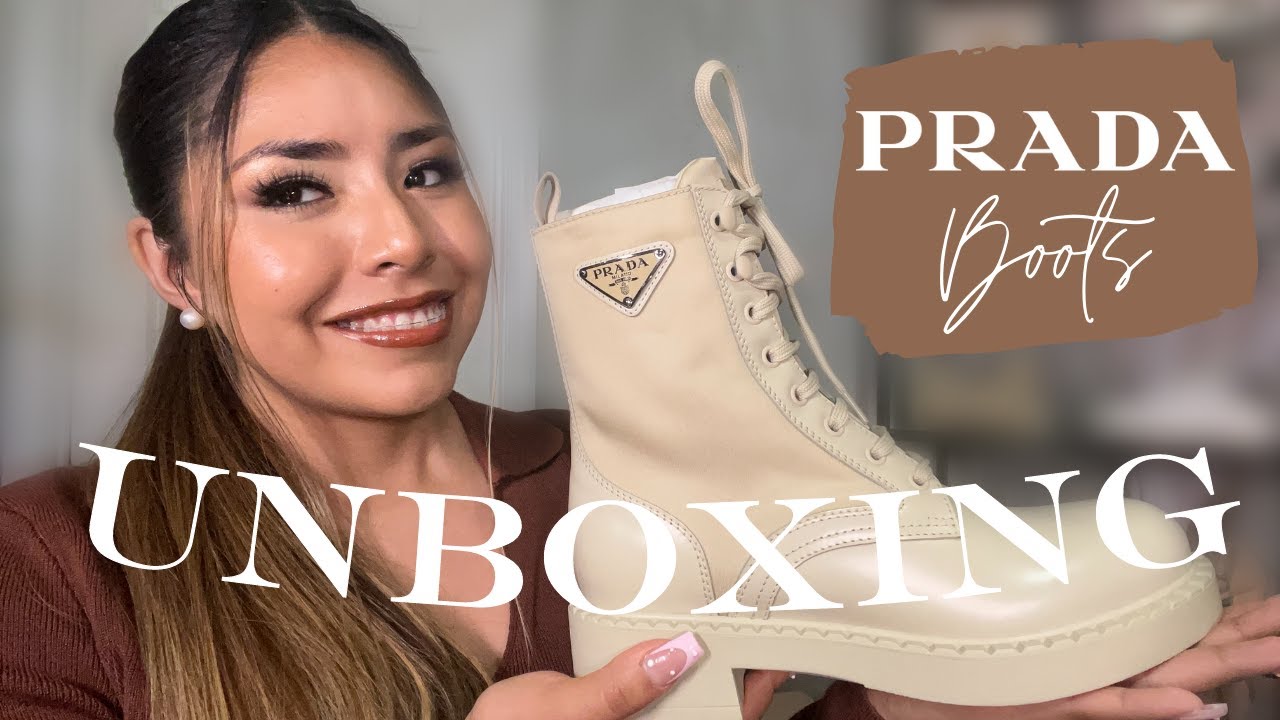 UNBOXING PRADA SHOES | LEATHER AND RE-NYLON | BEIGE COMBAT BOOTS | Gisselle Ruby