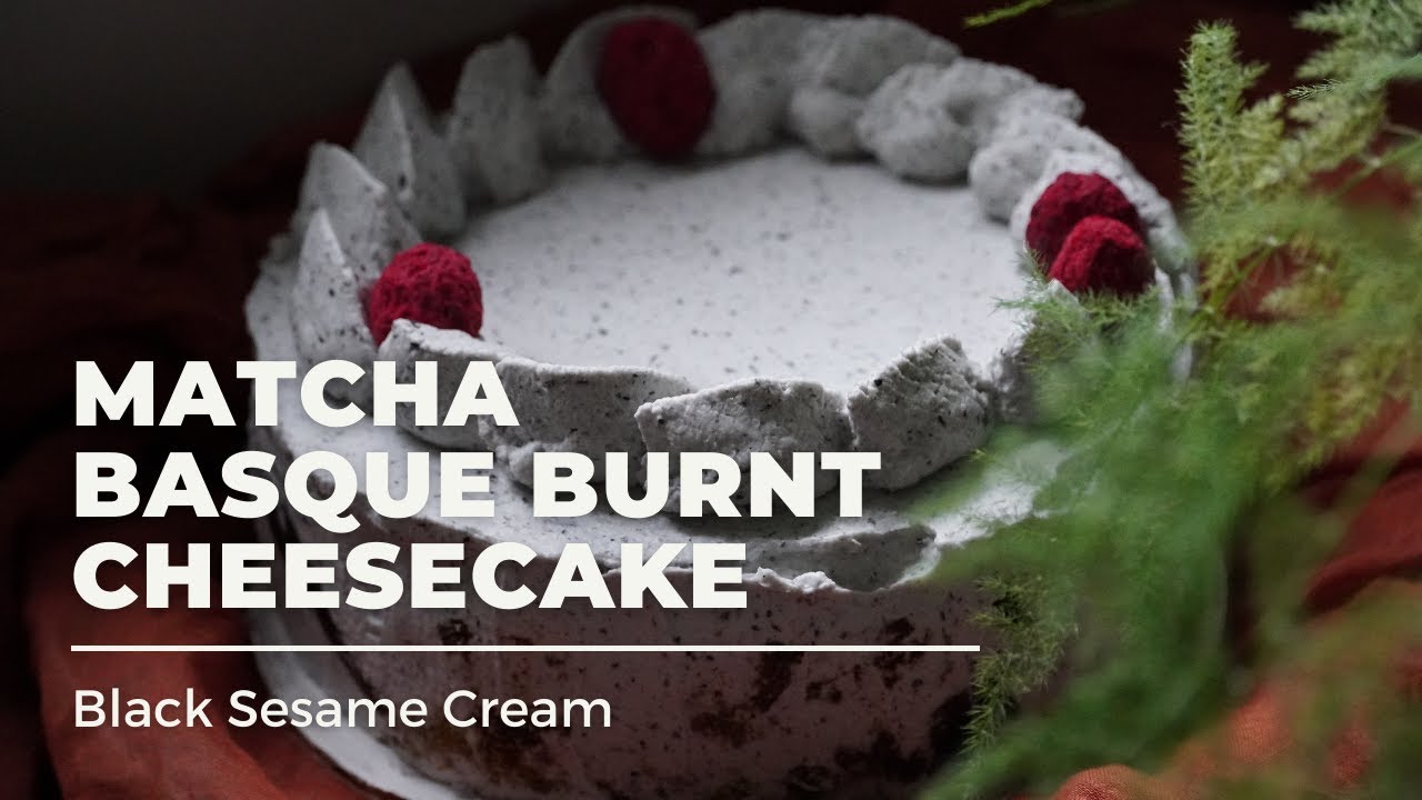 Gluten-Free Matcha Basque Cheesecake with Black Sesame Cream 抹茶巴斯克黑芝麻芝士奶油