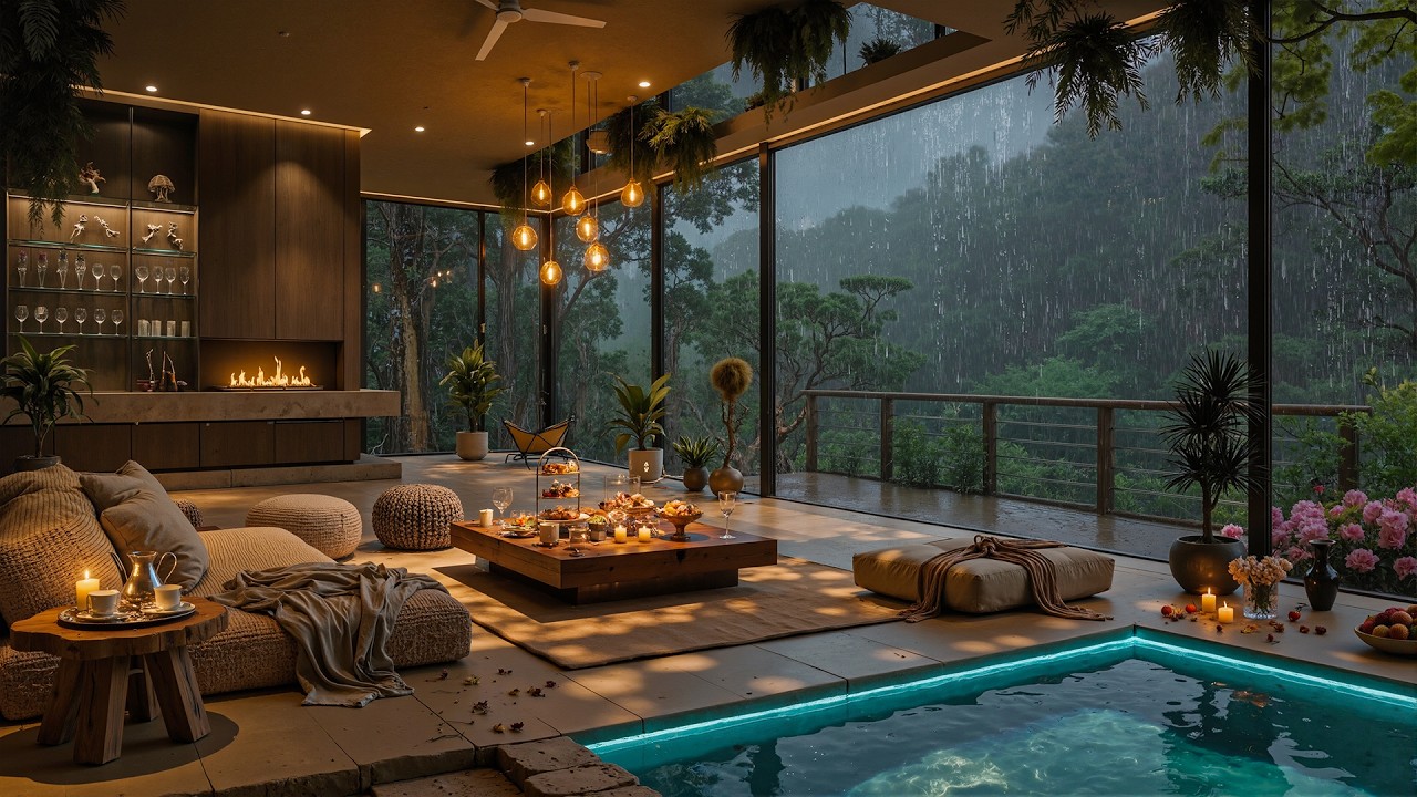 Relaxing Jazz In Cozy Living Room Ambience 🌧️ Smooth Jazz & Rainfall for Stress Relief & Sleep