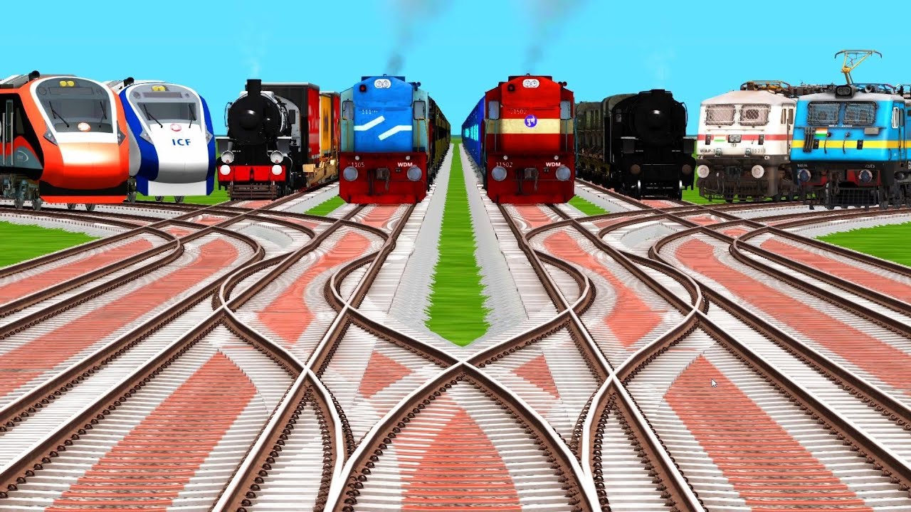 8 Locomotives Trains Running At Curved Branched Forked Railroad Tracks | train simulator gameplay 