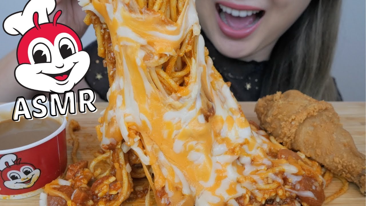ASMR SPICY Cheesy Jollibee Spaghetti with Chickenjoy and Gravy *NO Talking Eating Sounds | N.E
