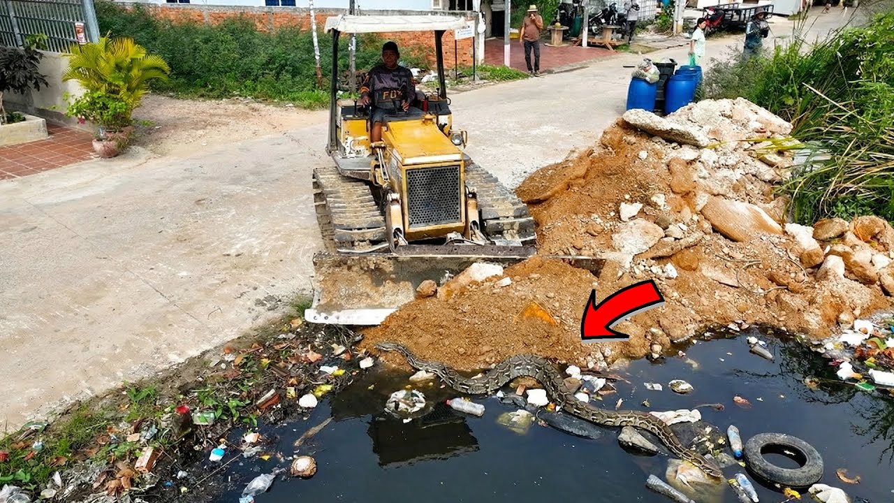 Full Video Start New Project! LANDFILL Delete Garbage Pond Using Strong Dozer Push Stone with Trucks