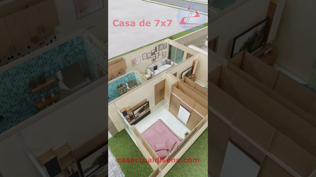 PLANO de CASA PEQUE&Ntilde;A de 7x7 metros 1 Piso #planosdecasas #planosarquitectonicos #fachadasdecasas