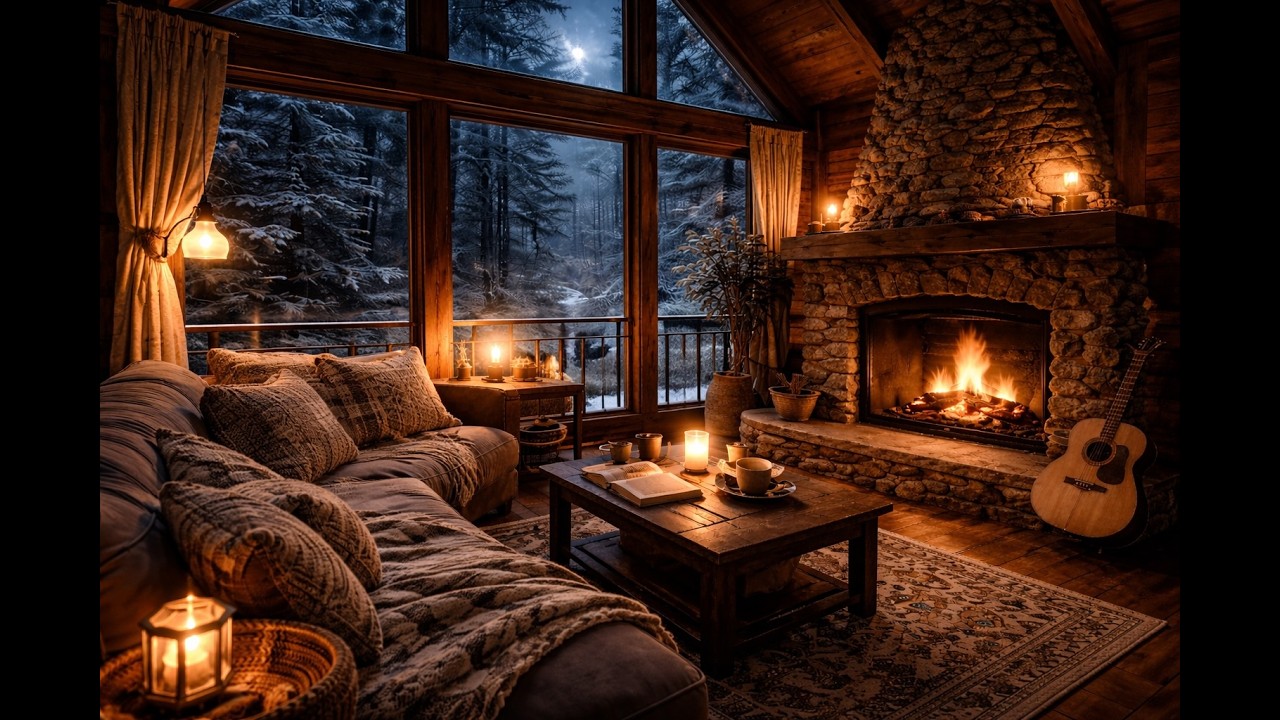 Зимняя ночь в лесном доме ❄️ Камин и мягкий джаз | Cozy Cabin Fireplace Jazz Ambience