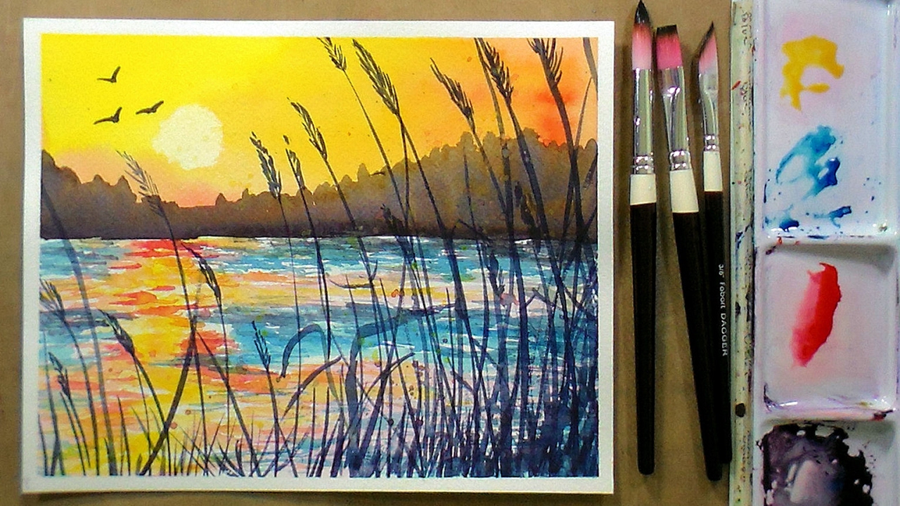 Golden Sunset Beginner Watercolor 3 Color REAL TIME Tutorial