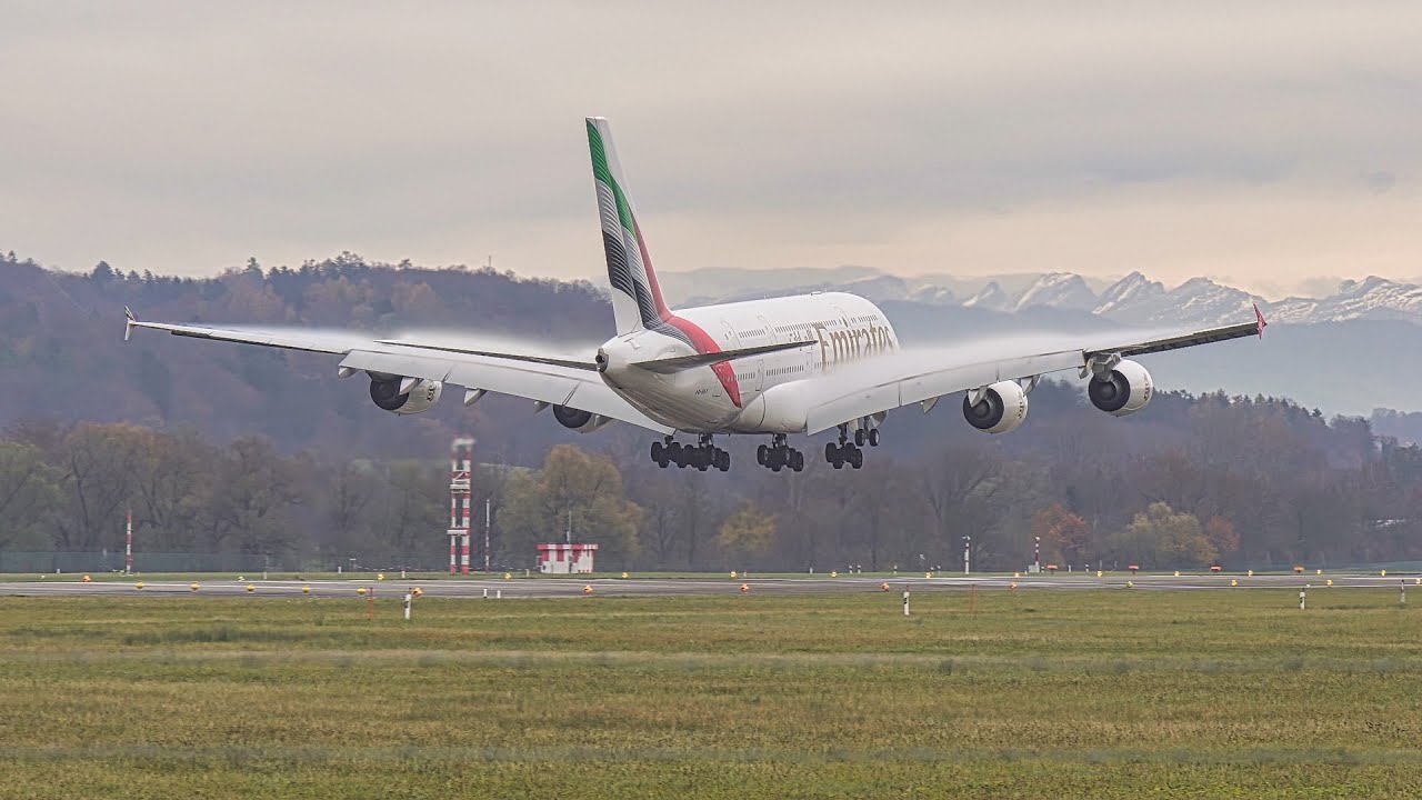 BEAUTIFUL EMIRATES AIRBUS A380 Landing at Zurich Airport